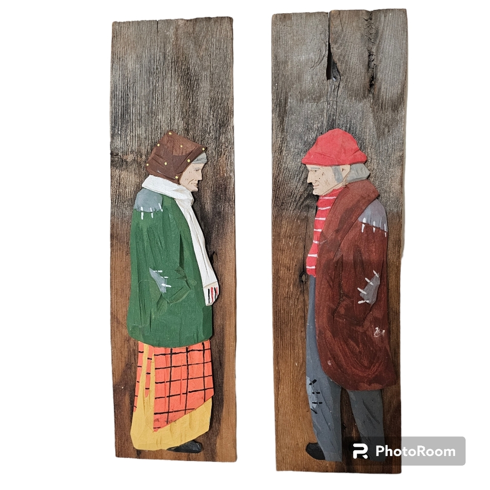 Wood Carvings Man & Woman Wooden Wall Art Folk His Hers Restroom Markers Pub